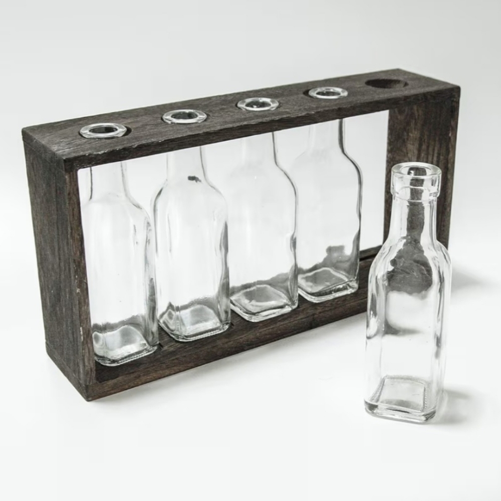 Rustic Wood Flower Holder with  Glass Bottles